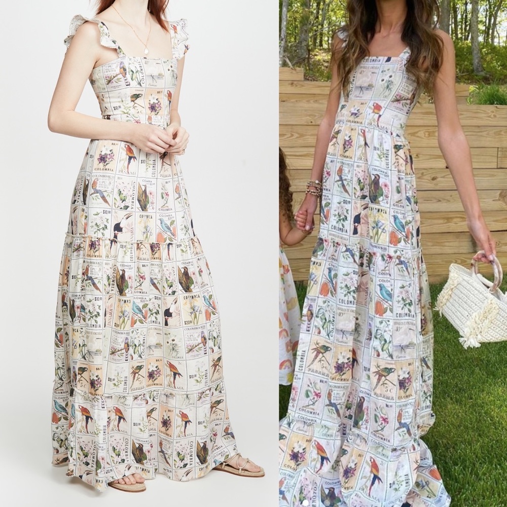 Agua by Agua Bendita Herbarium Estampillas Bird Flower Patch Linen Dress - Picture 2 of 11